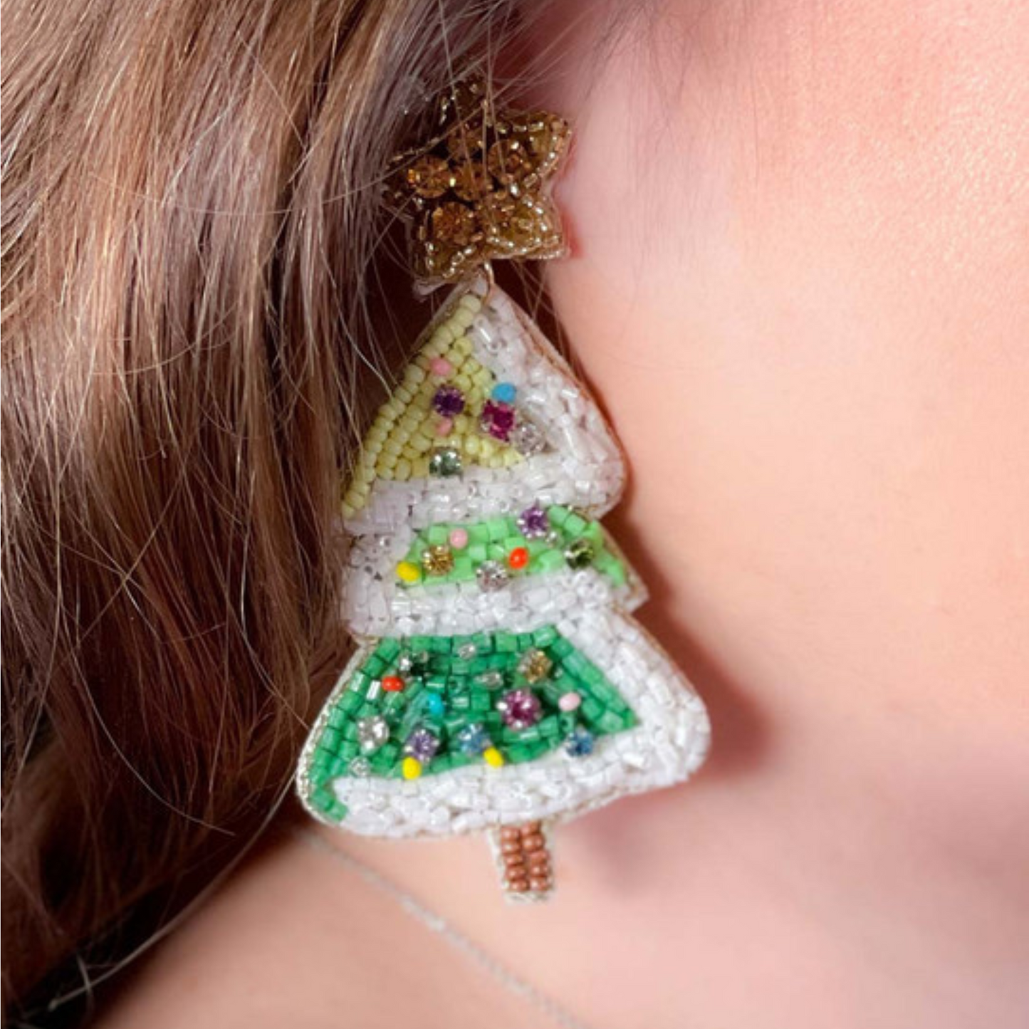 Frosted Snow Christmas Tree Crystal Beaded Artisan Earrings