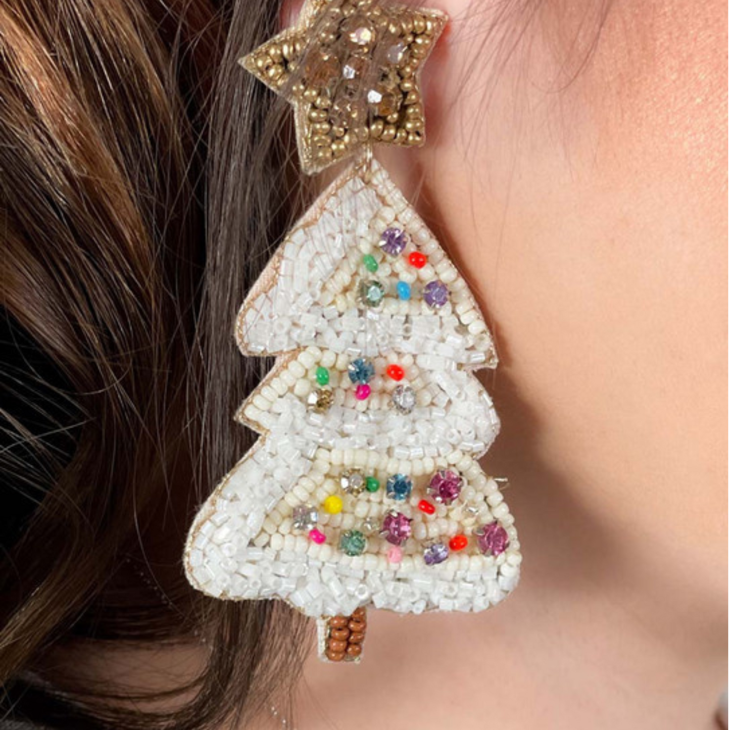 Frosted Snow Christmas Tree Crystal Beaded Artisan Earrings
