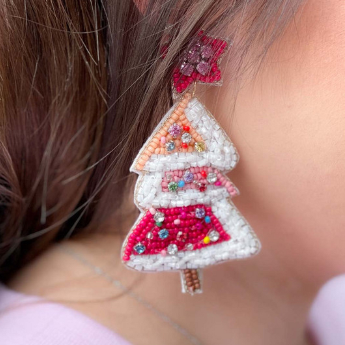 Frosted Snow Christmas Tree Crystal Beaded Artisan Earrings