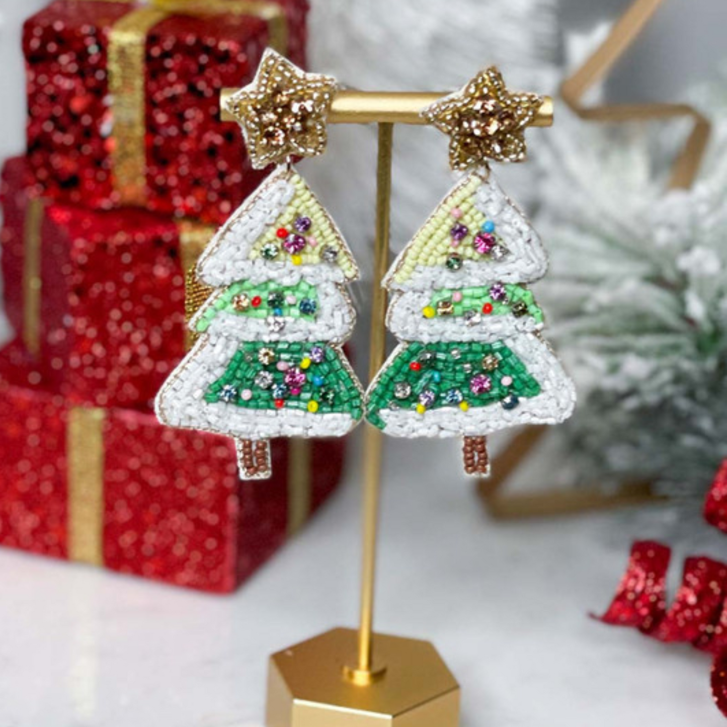 Frosted Snow Christmas Tree Crystal Beaded Artisan Earrings
