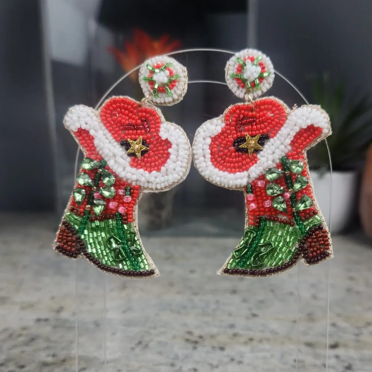 Christmas Cowboy Boots Cowgirl Western Style Beaded Earrings