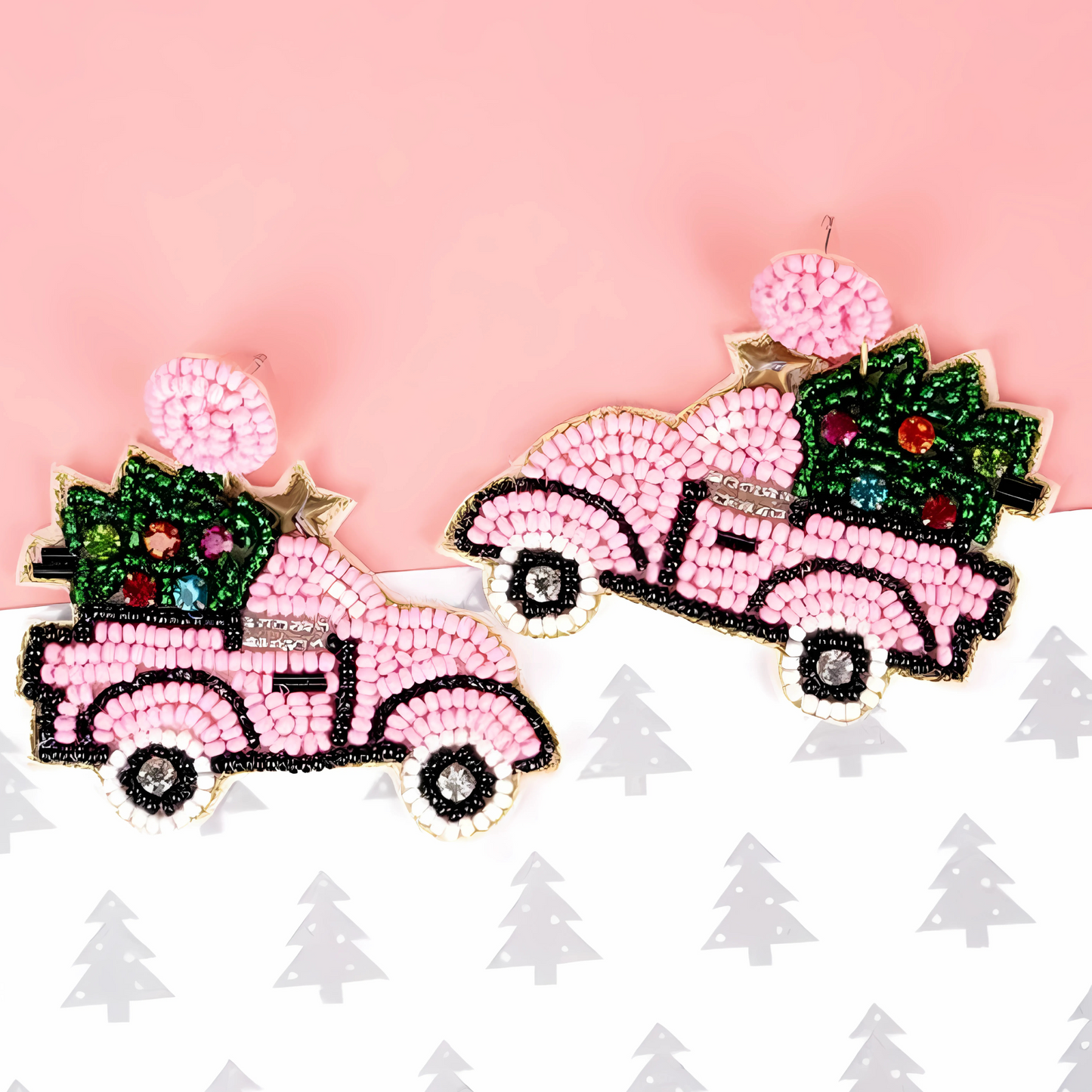Pink Truck Cowgirl Western Christmas Tree Bead Earrings
