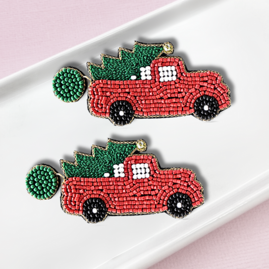 Red Truck Christmas Tree Haul Beaded Earrings