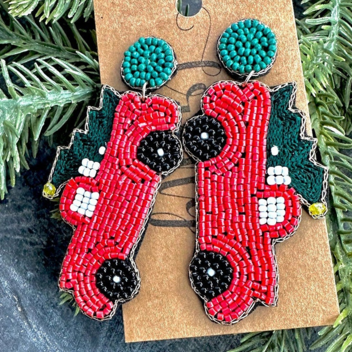 Red Truck Christmas Tree Haul Beaded Earrings