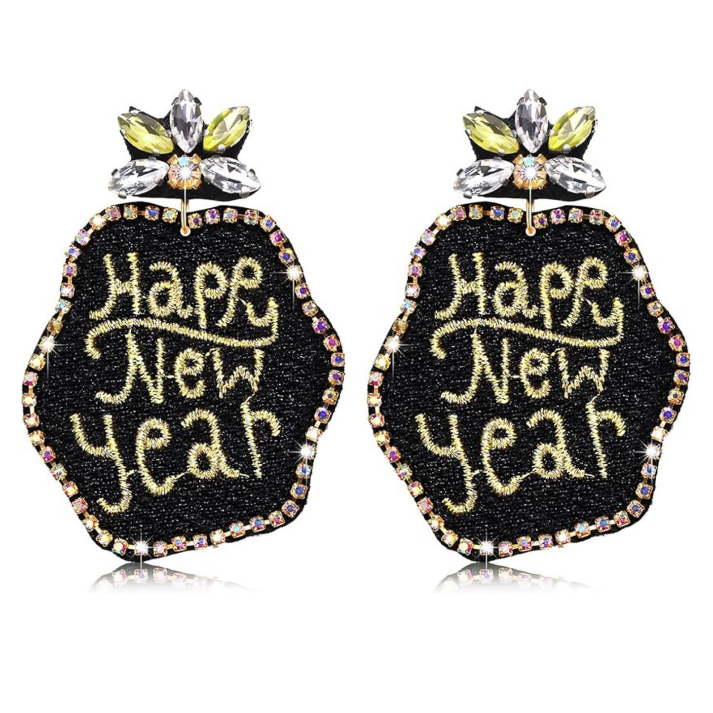New Years Eve Black Gold Rhinestone Crystal Beaded Earrings