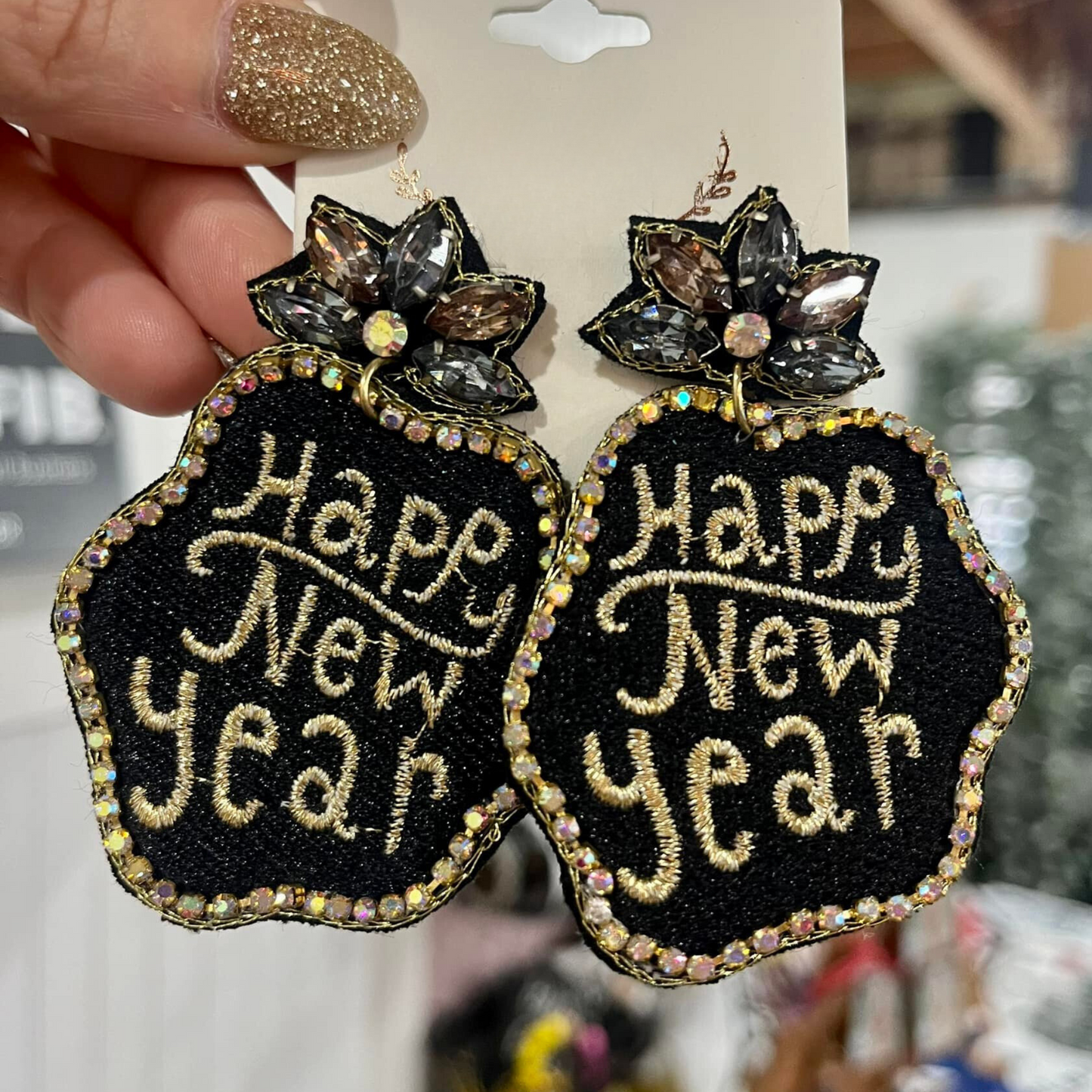 New Years Eve Black Gold Rhinestone Crystal Beaded Earrings