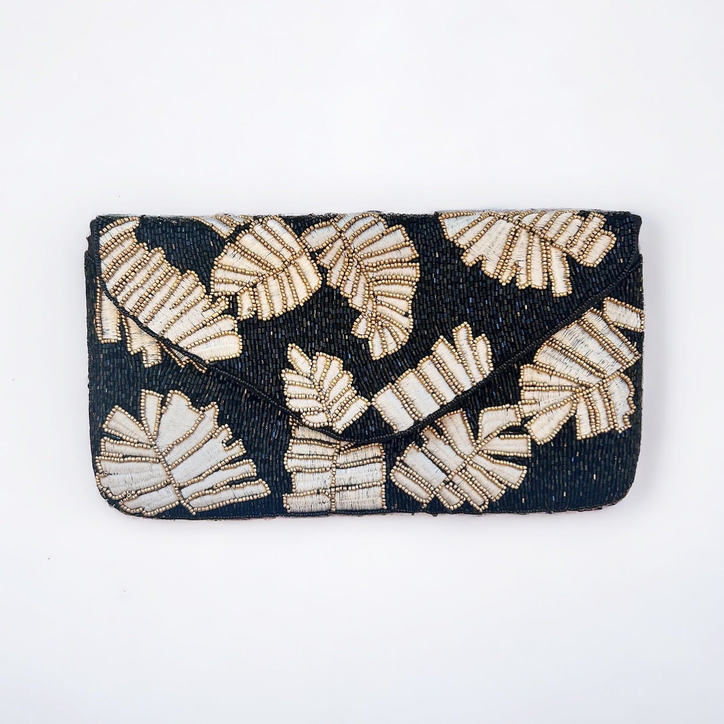 Black Gold Palm Leaf Beaded Crossbody Clutch Handbag