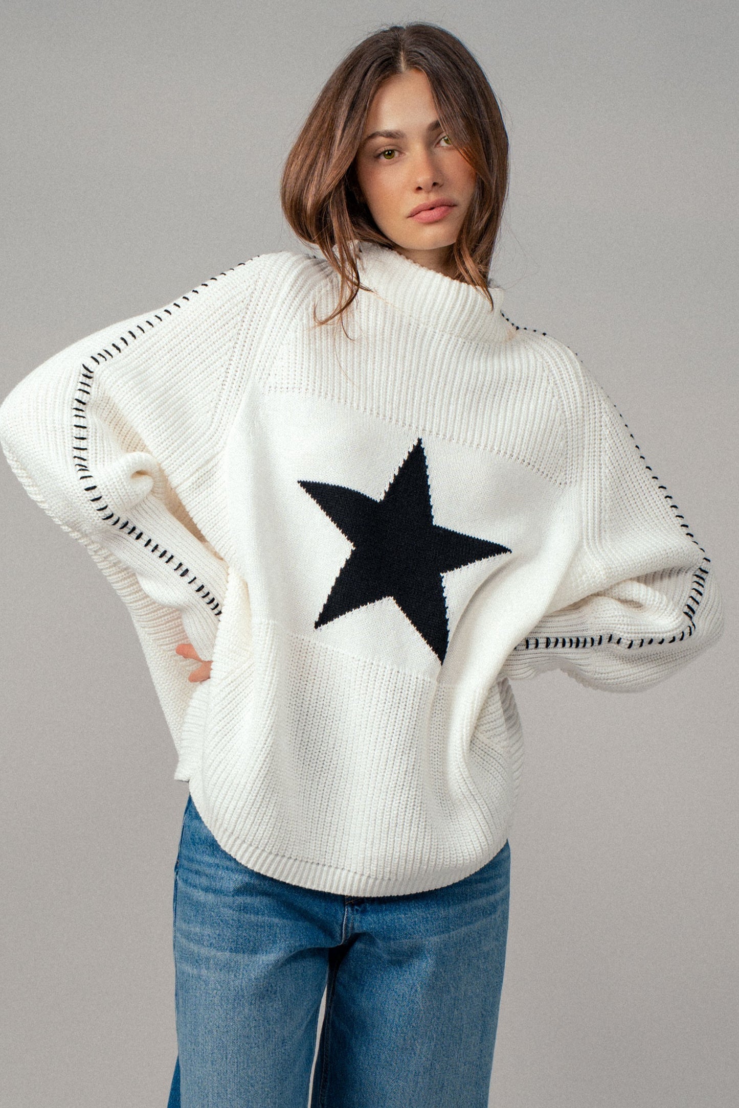 She's A Star Oversized Contrast Stitch Sweater in White