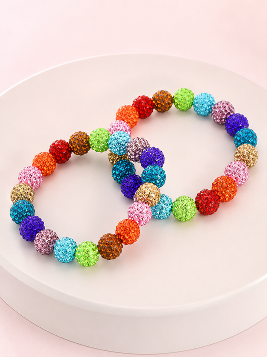 Colorful Rainbow Shamballa Ball Stretch Bracelet Set