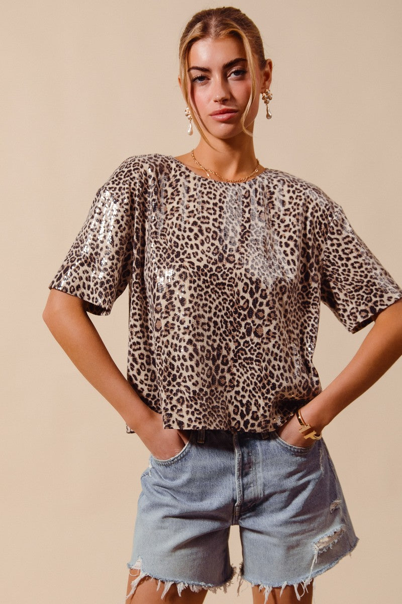 Shana Leopard Animal Print Sequin Sparkle Top