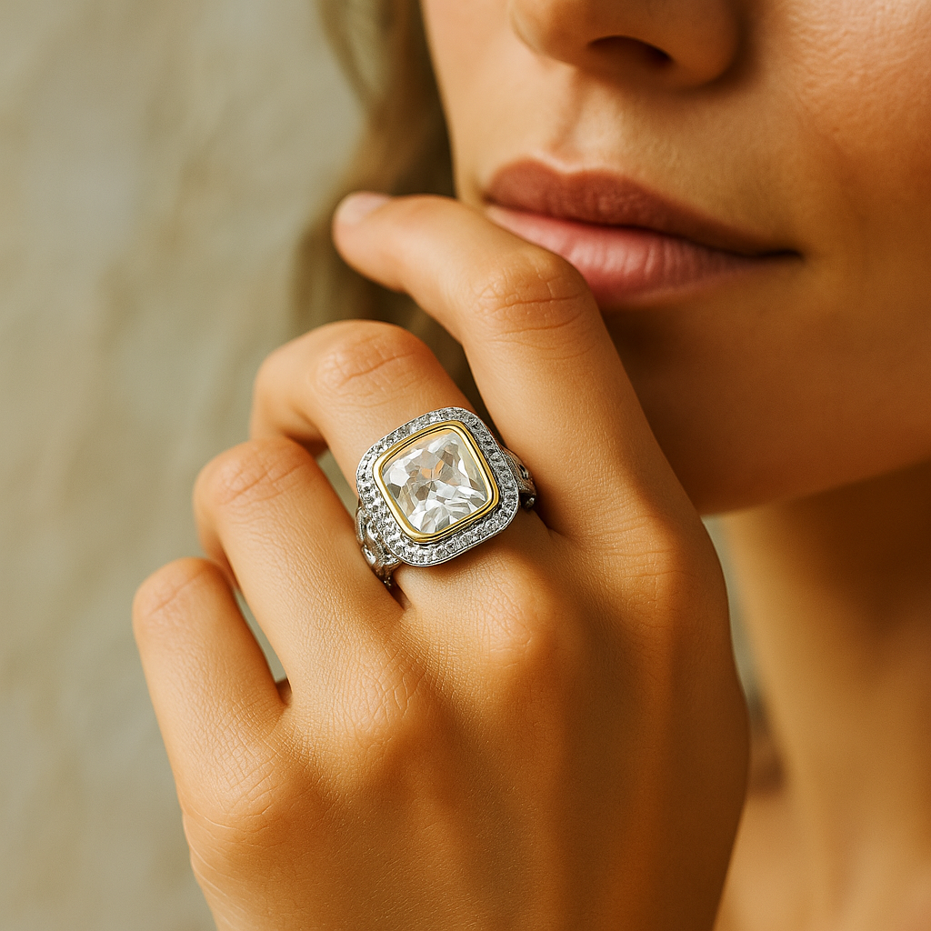 Square Cut CZ Stone Silver Ring