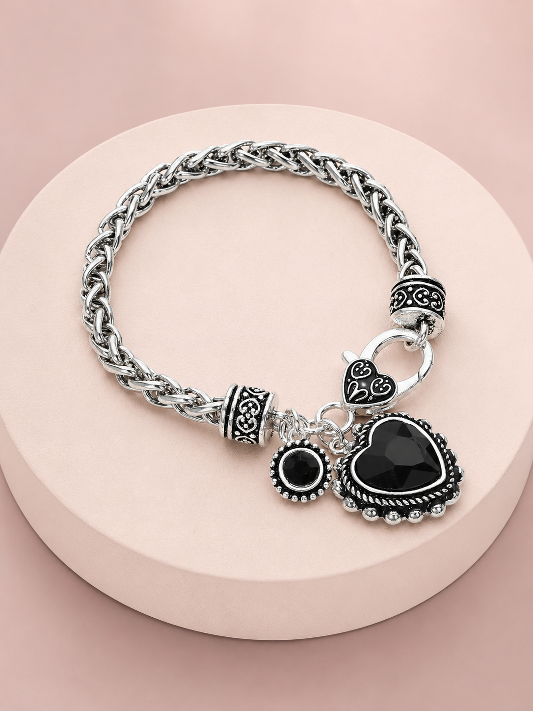 Heart To Heart Black Silver Charm Bracelet