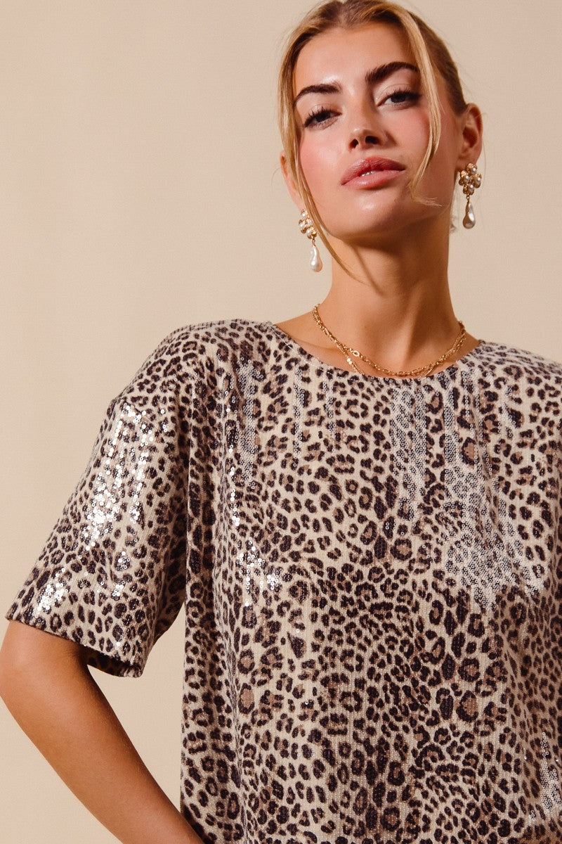 Shana Leopard Animal Print Sequin Sparkle Top