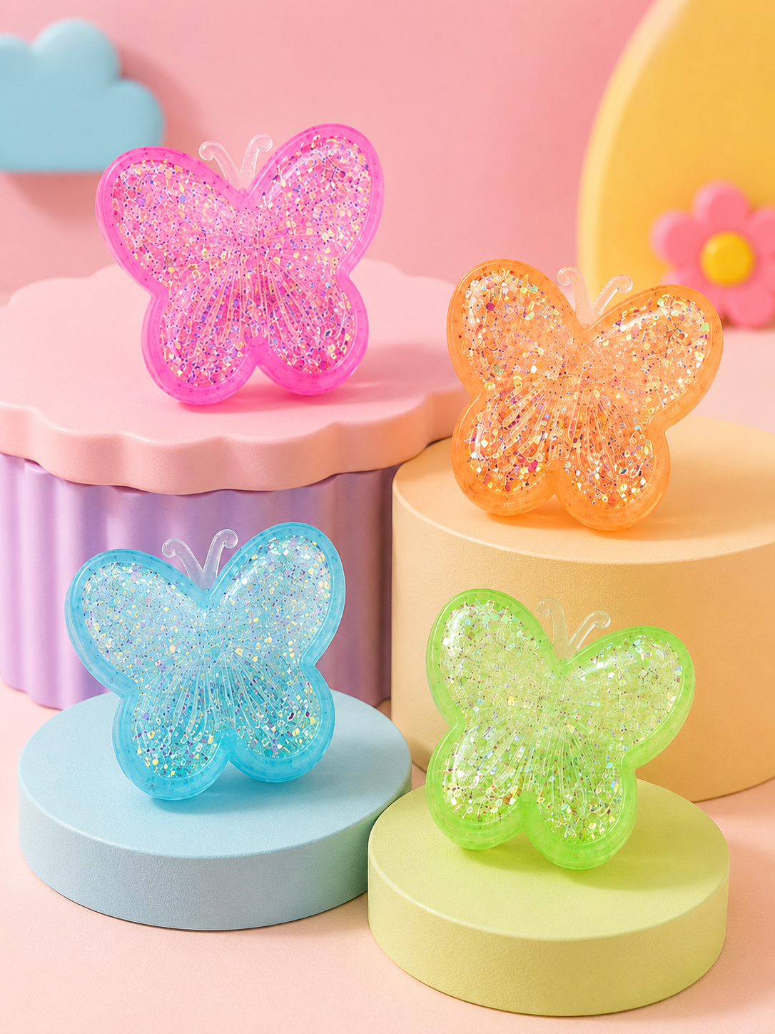 4PC Set Glitter Butterfly Squeeze Squishy Stress Relief Toy