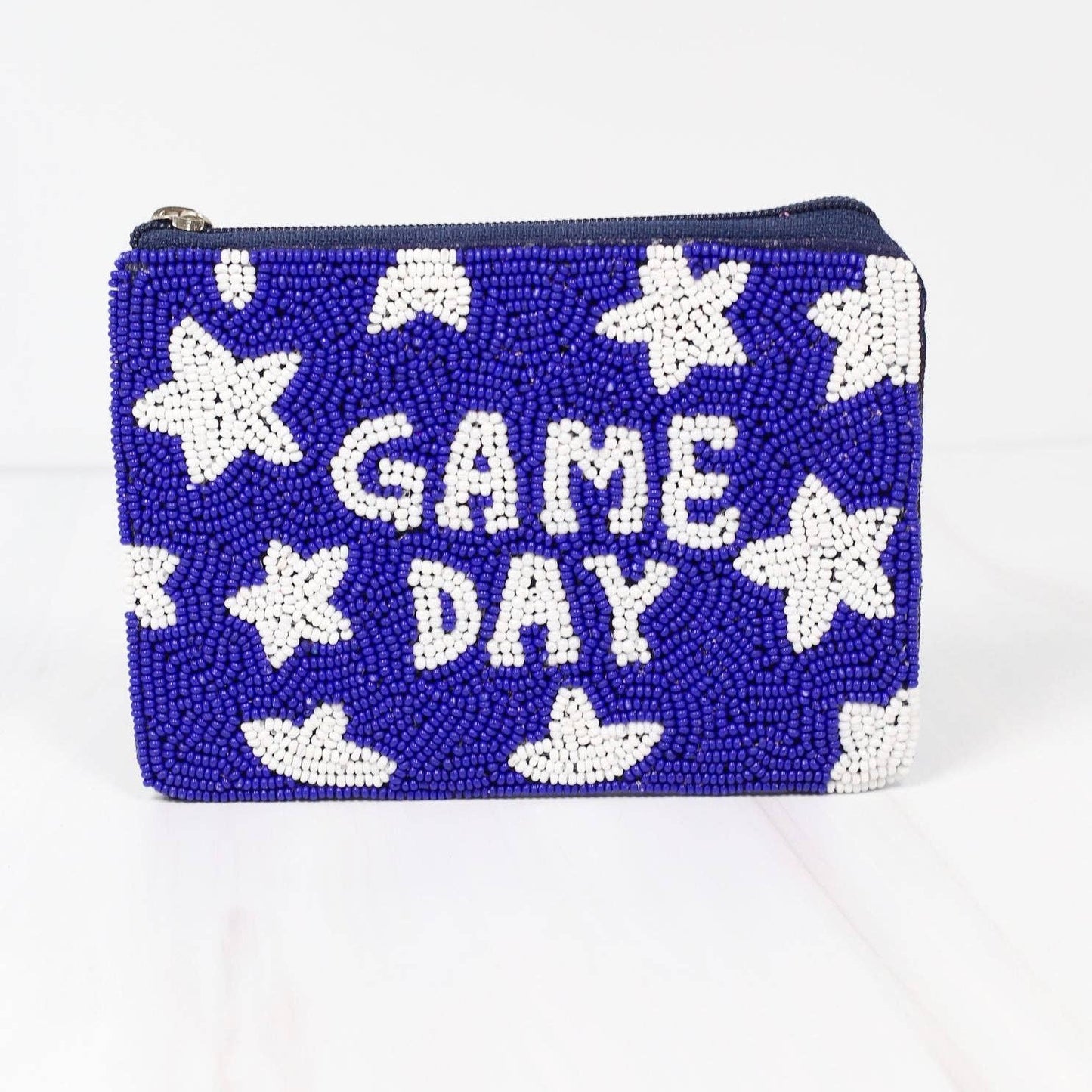 GAMEDAY FOOTBALL Stars Blue White Beaded Coin Pouch