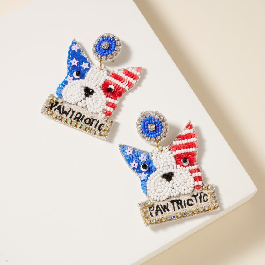 Patriotic Pawtriotic Bulldog American Flag Beaded Earrings