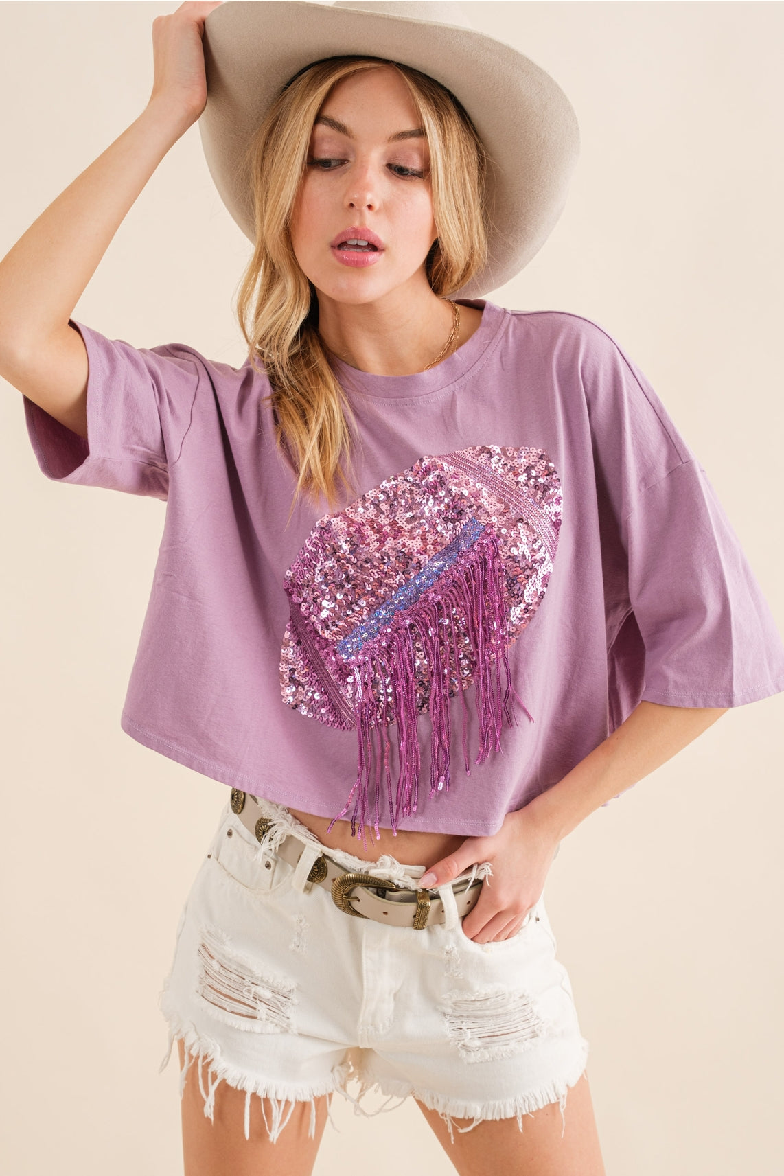 Football Purple Gameday Sequin Fringe Crop Top