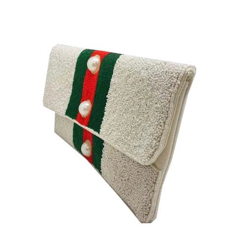 Red Green Striped White Beaded Clutch Bag