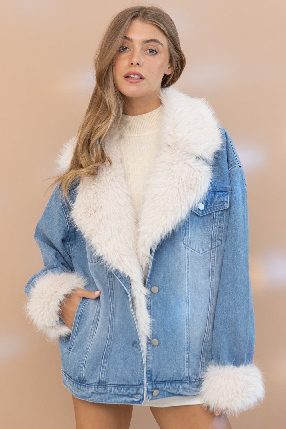 Cozy Rebel Plush Fur Collar Denim Jacket