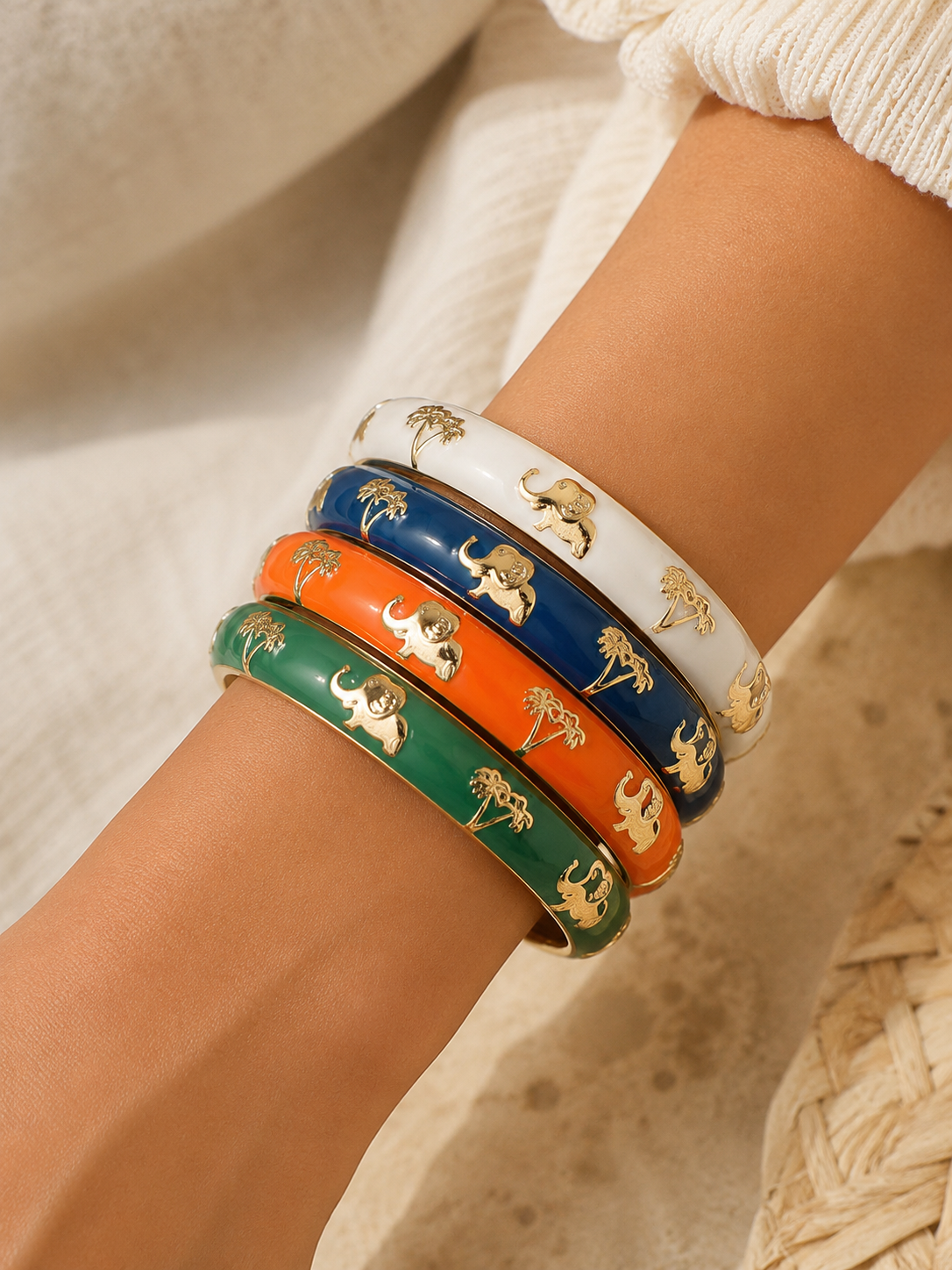 Africa Elephant Theme Enamel Hinged Bangle Bracelet