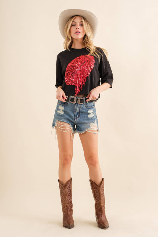 Football Georgia Red Black Sequin Fringe Crop Top