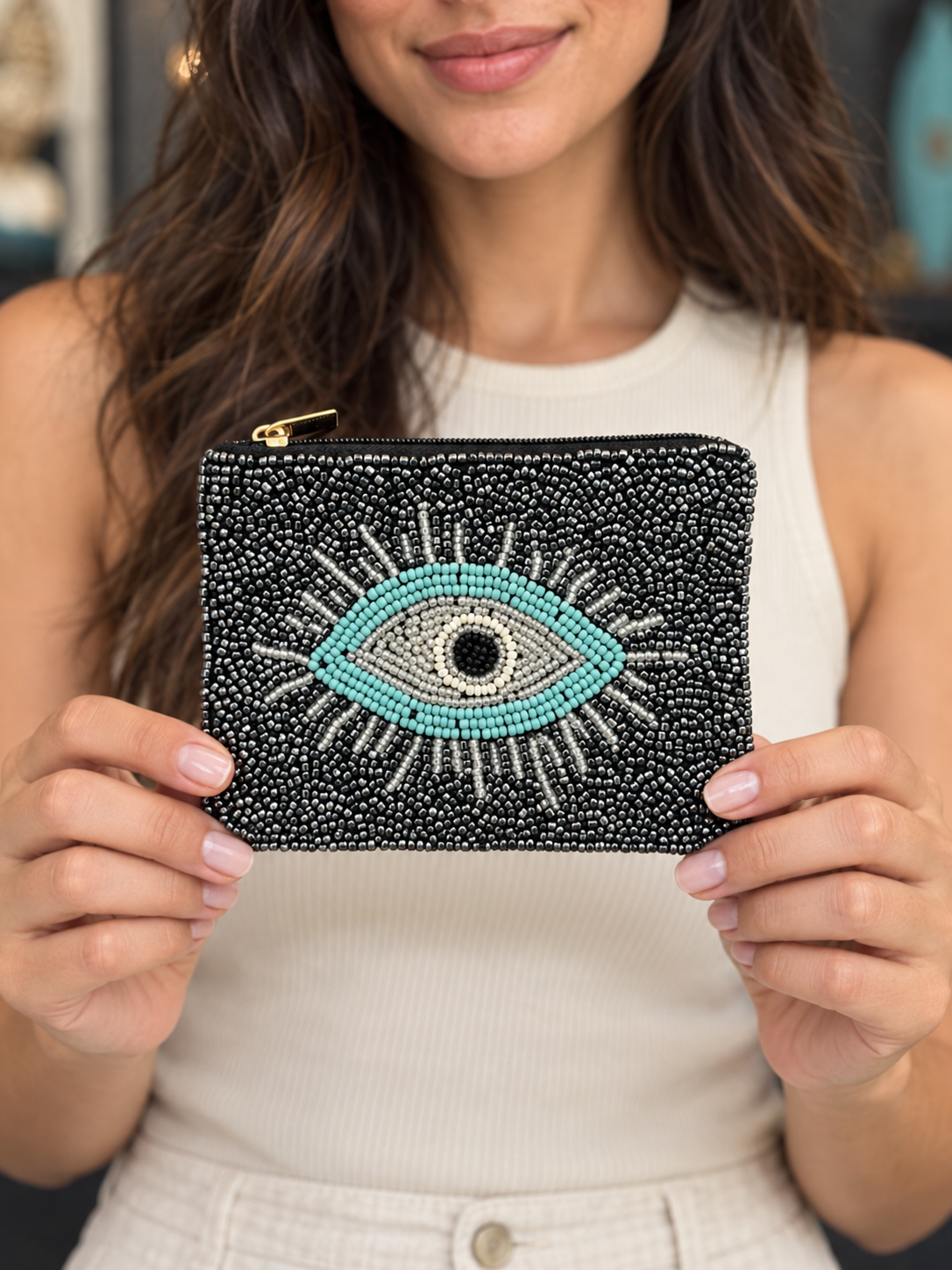 Evil Eye Seed Beaded Storage Bag Pouch Purse