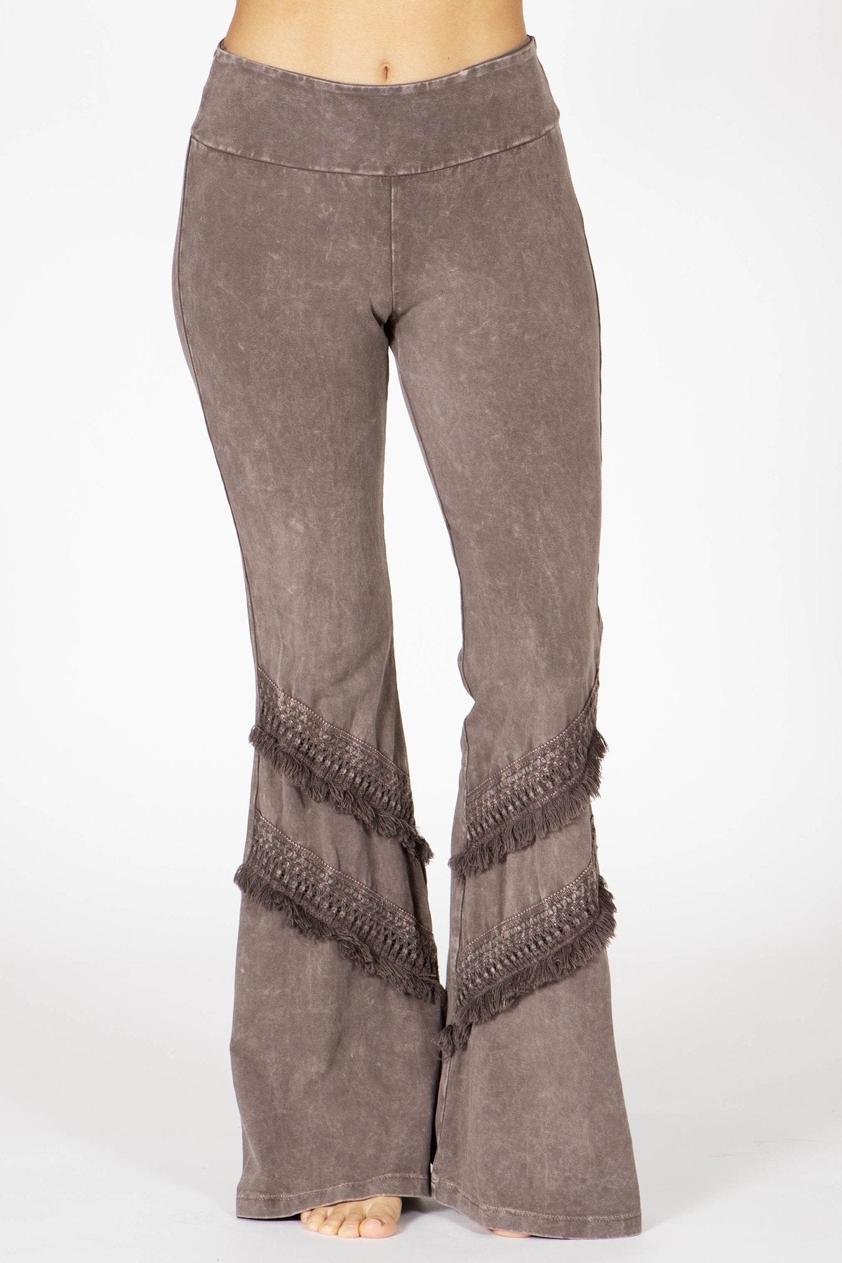 Michaela Mineral Washed Taupe Boho Ruffle Bell Bottom Pants