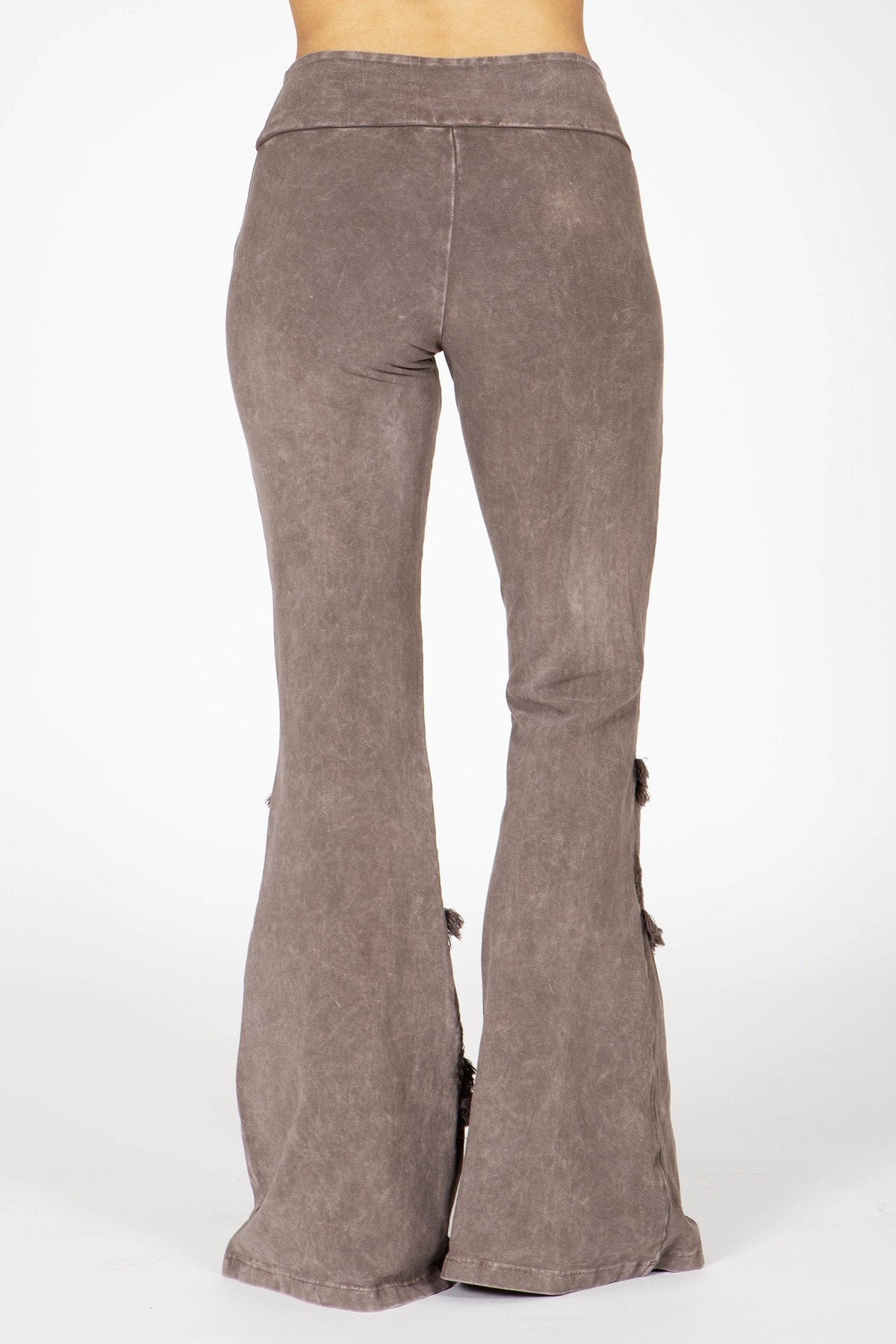 Michaela Mineral Washed Taupe Boho Ruffle Bell Bottom Pants