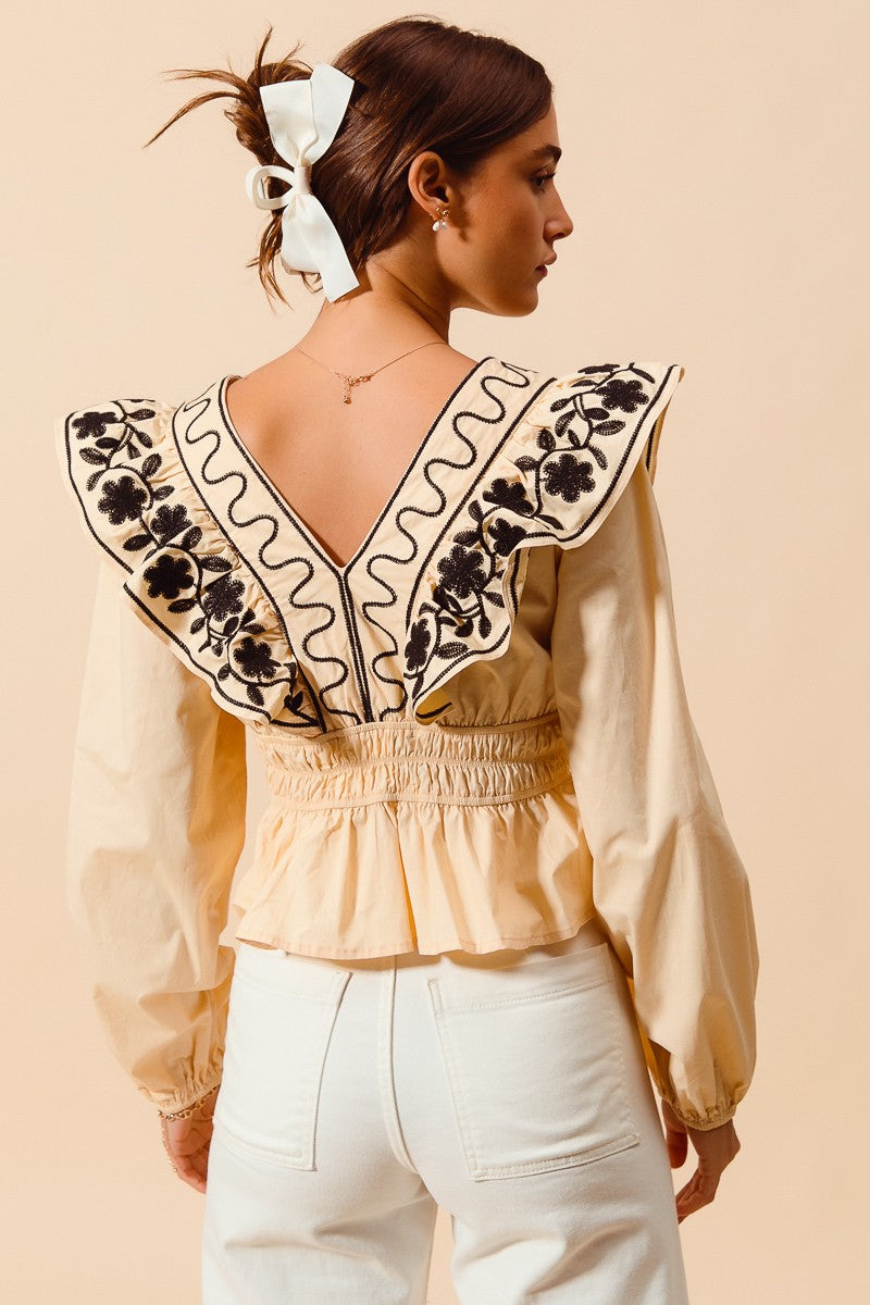 Allegra Floral Embroidered Neckline Peplum Top