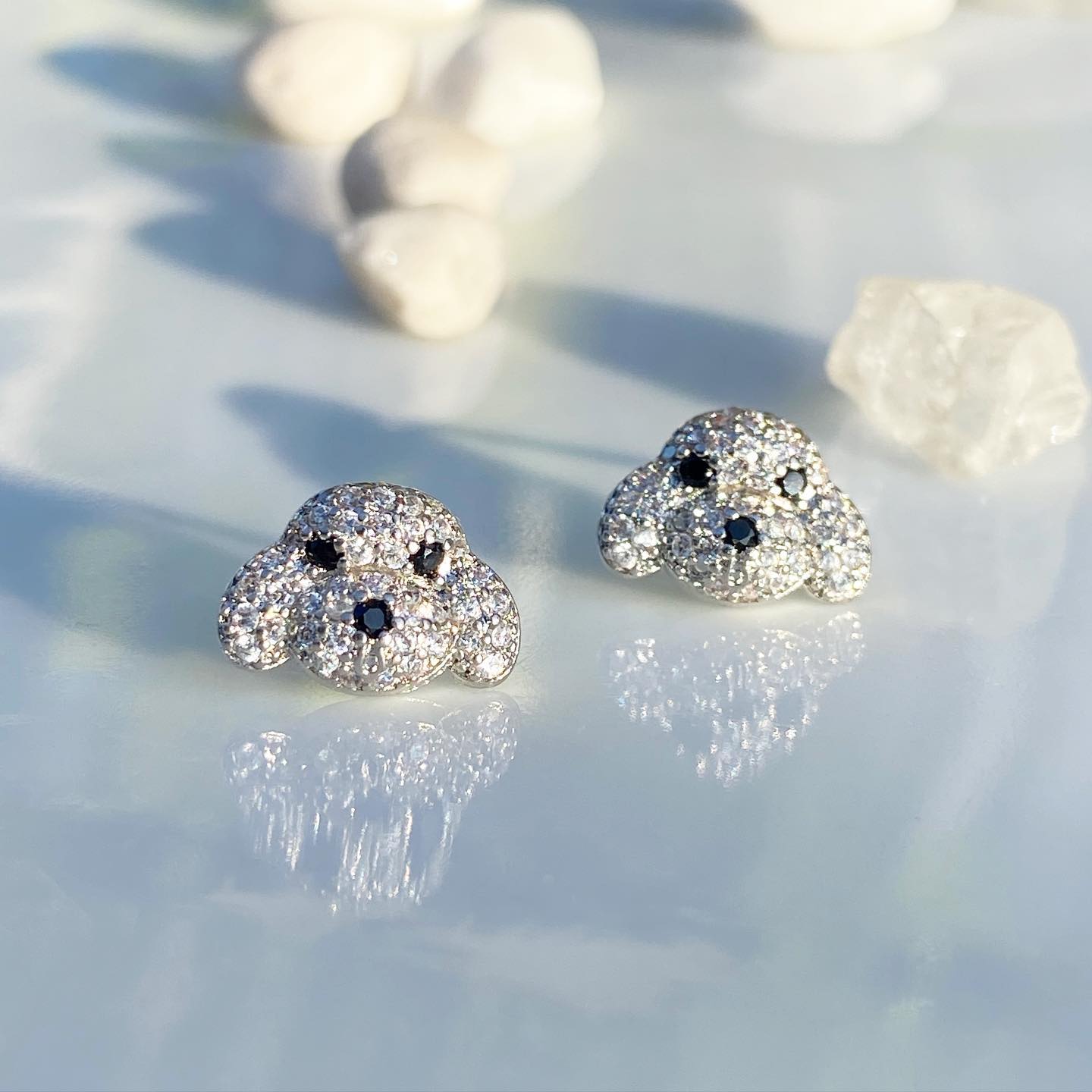 Poodle Dog Breed Rhodium Sterling Silver CZ Stud Earrings