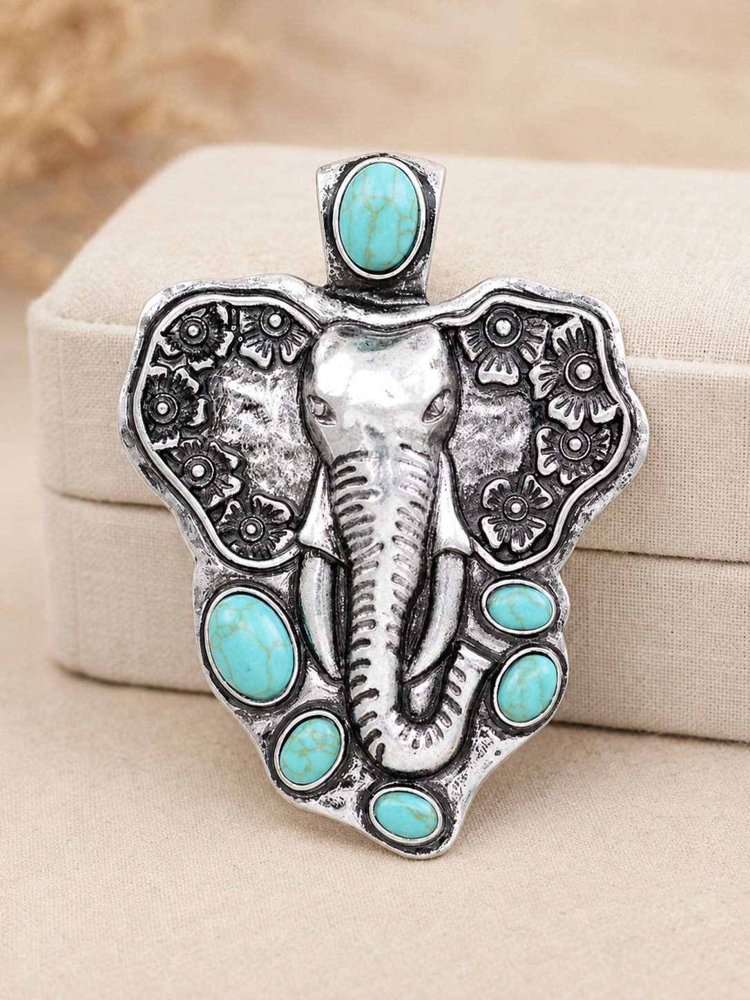 Silver Turquoise Stone Western Elephant Pendant