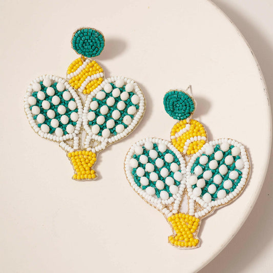 TENNIS Theme Seed Beaded Green Racket Earrings