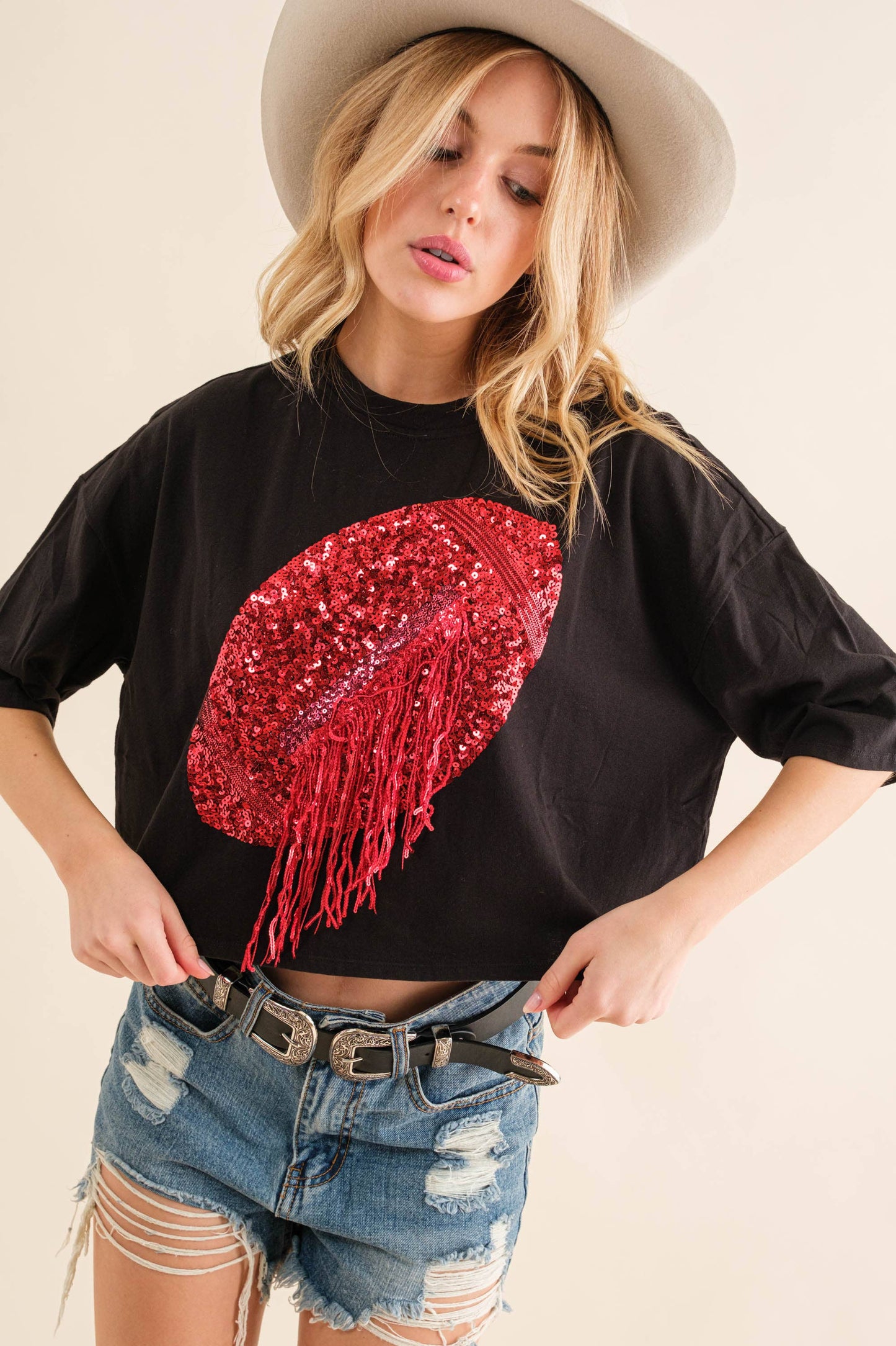 Football Georgia Red Black Sequin Fringe Crop Top