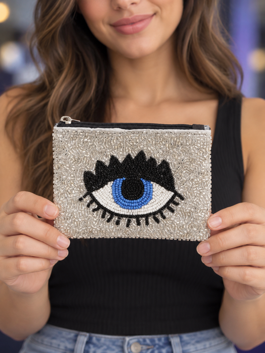 Evil Eye Seed Beaded Storage Bag Pouch