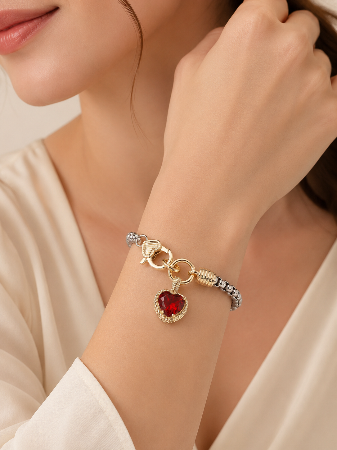 Ruby Heart Two-Tone Charm Bracelet