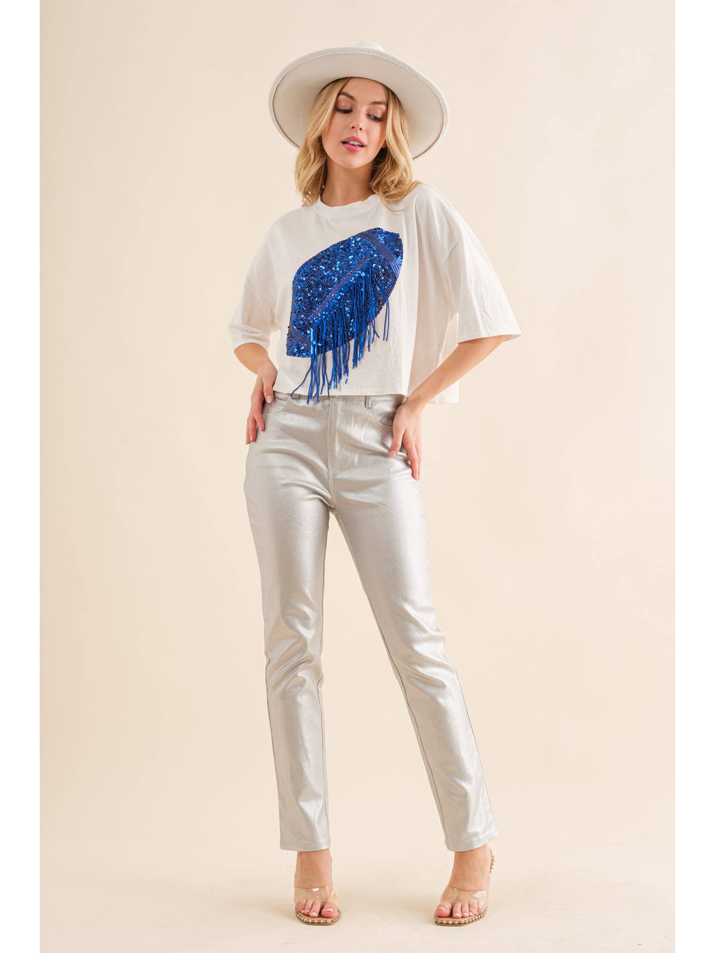Football Kentucky Blue White Sequin Fringe Crop Top