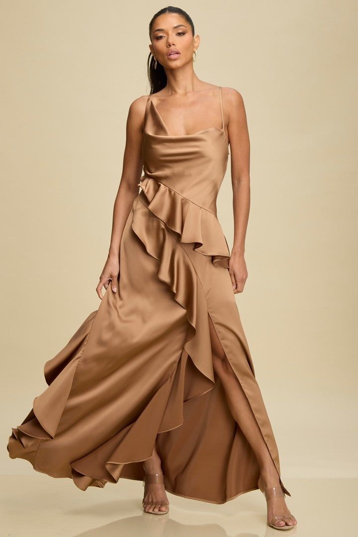 Satin Symphony Ruffled Maxi Dress Gown