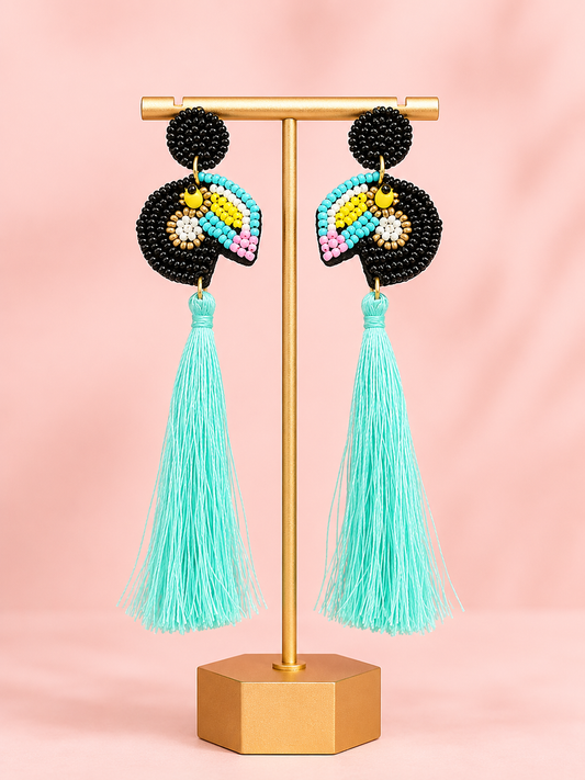 Tropical Turquoise Tassel Toucan Bird Beaded Earrings