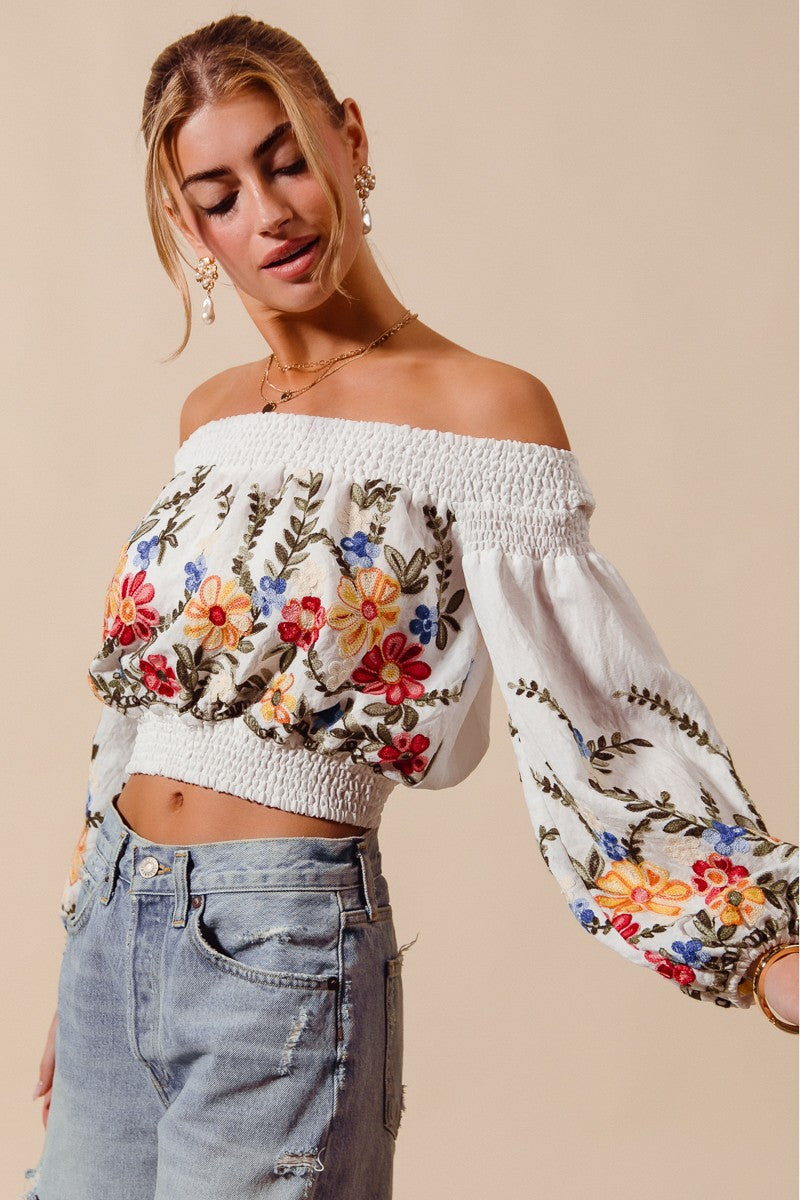 Frida Floral Embroidered Off-Shoulder Boho Top