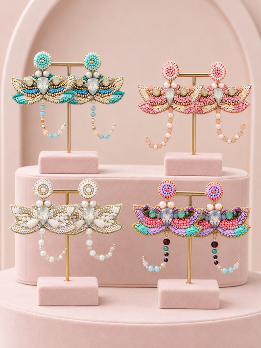 Beaded Gemstone Dragonfly Statement Earrings