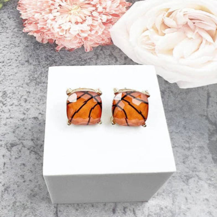 Cushion Cut Glass Bead Basketball Gold Stud Earrings
