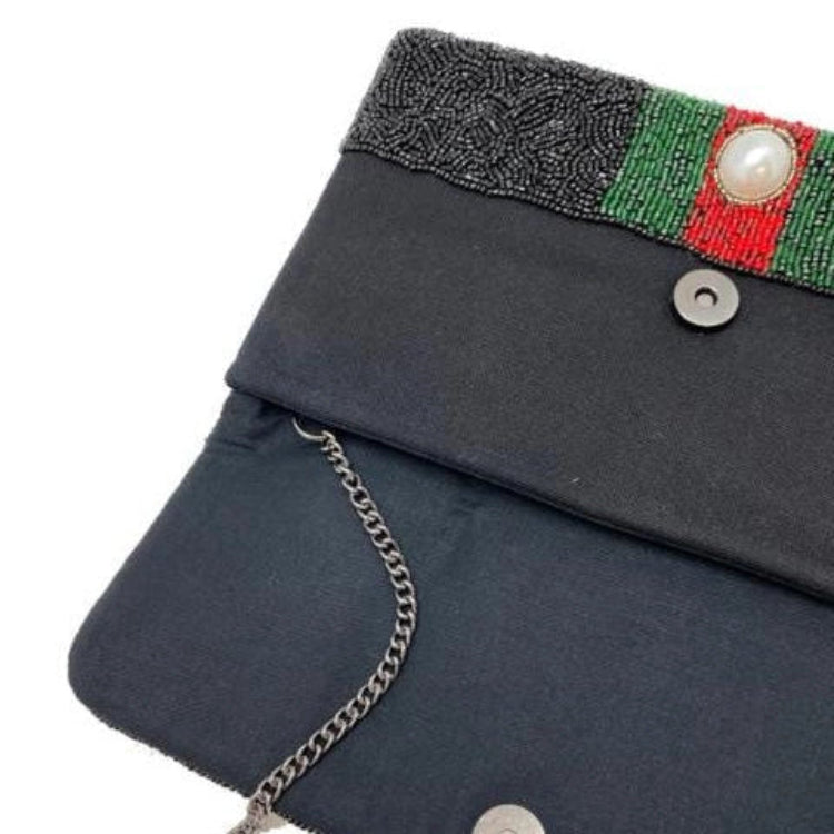 Red Green Striped Black Beaded Clutch Bag