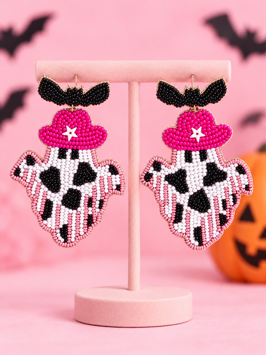 Pink Cowgirl Halloween Ghost Sheriff Western Theme Earrings