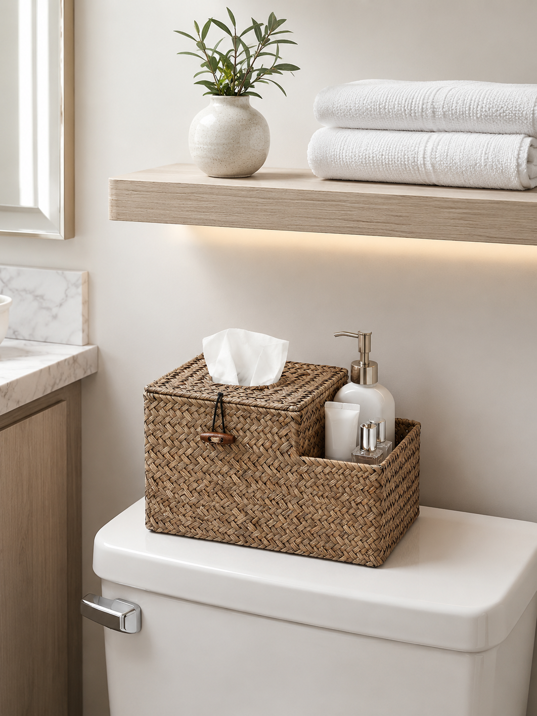 Woven Seagrass Tissue Box Holder with Side Organizer