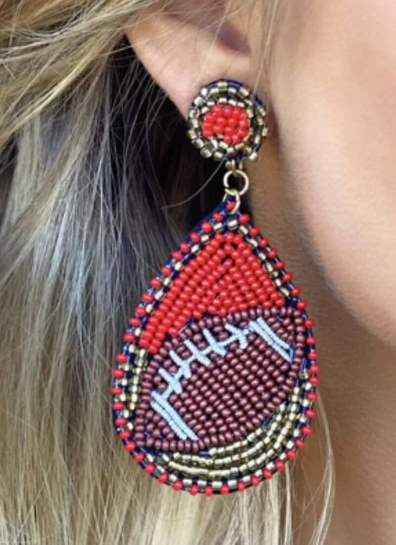 Football Sports Team Red White Beaded Teardrop Earrings