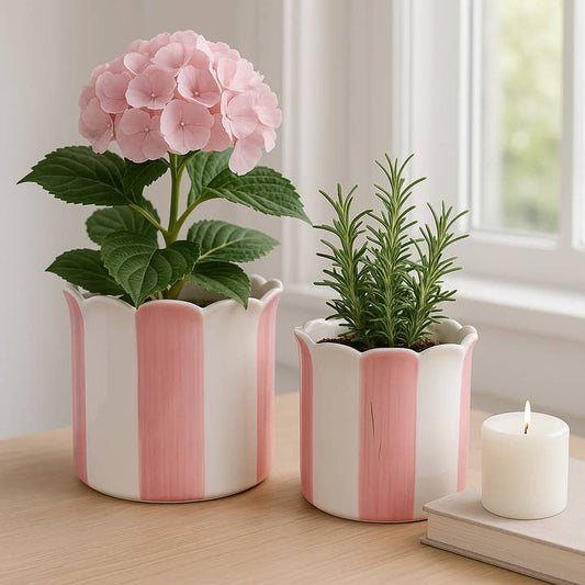 Set of 2 Pink Striped Ceramic Planters