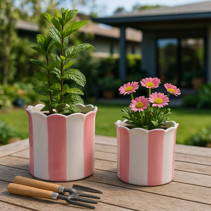 Set of 2 Pink Striped Ceramic Planters