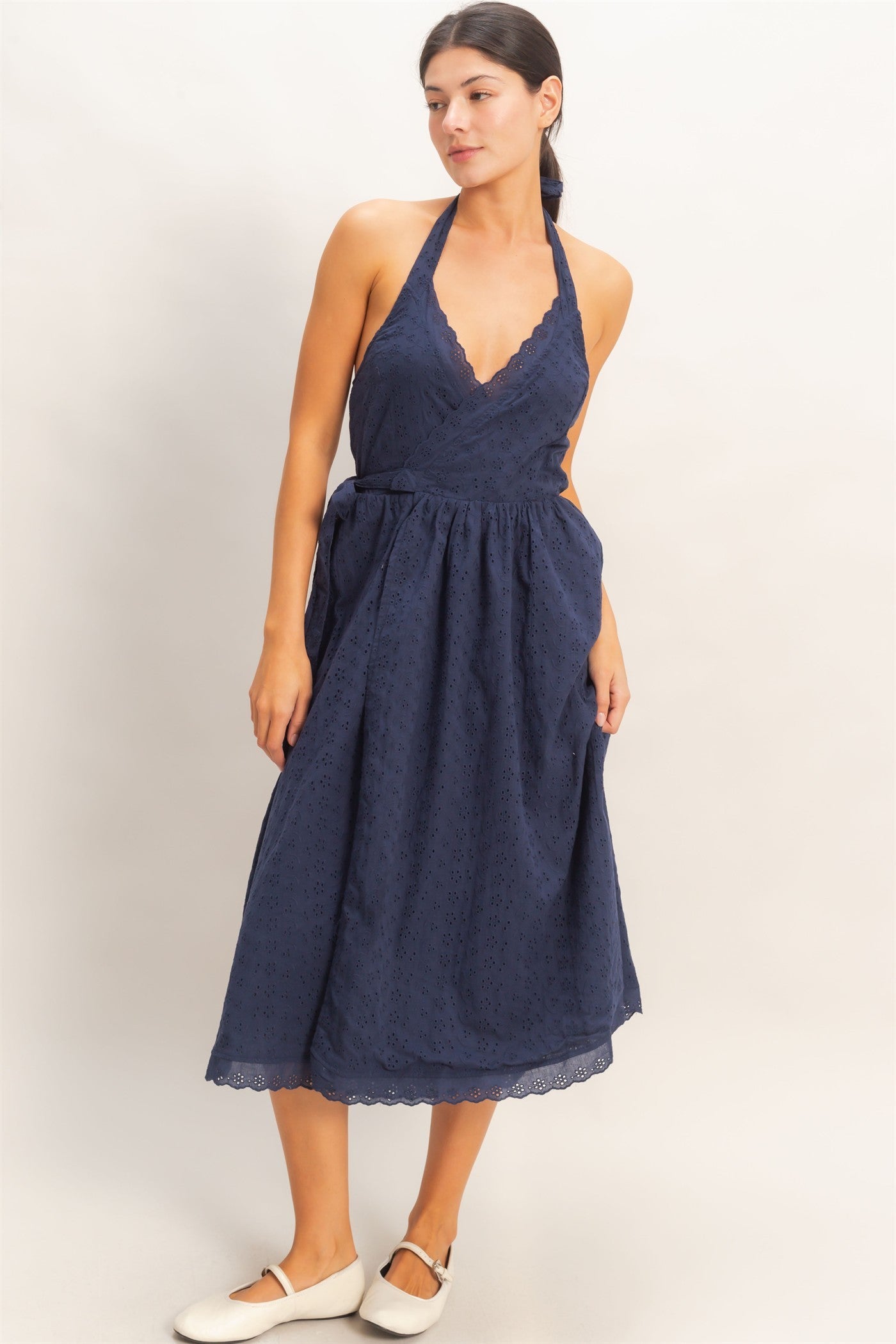 Eyelet Lace Navy Halter Neck Midi Dress