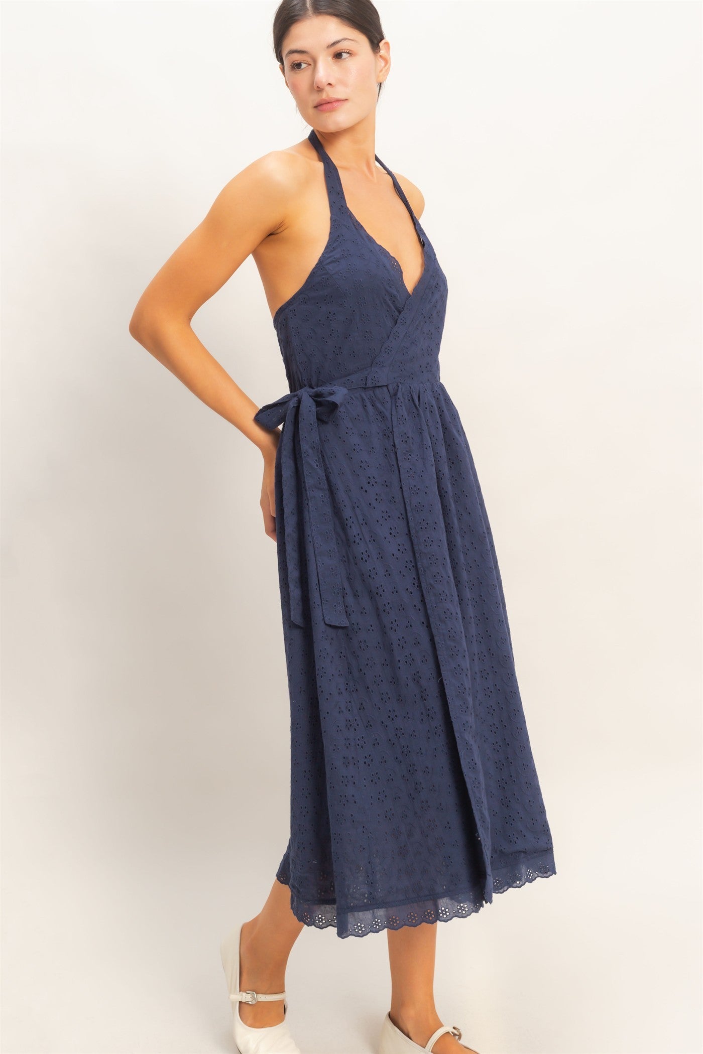 Eyelet Lace Navy Halter Neck Midi Dress