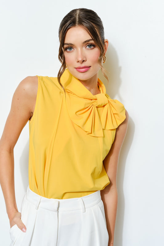 Yellow High Bow Sleeveless Blouse